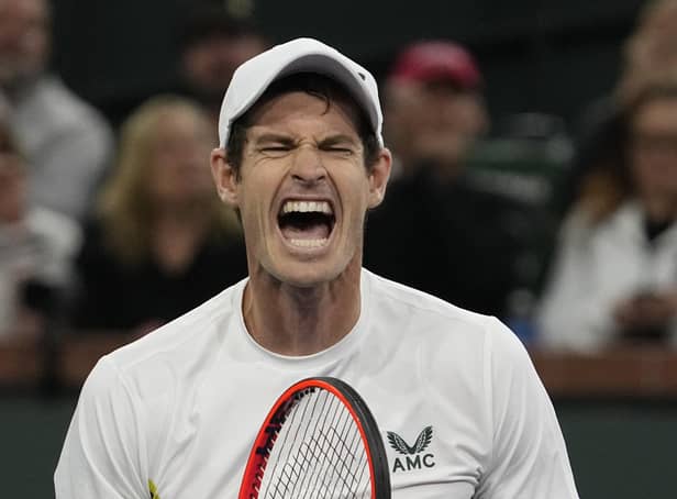 Andy Murray celebrates after defeating Tomas Martin Etcheverry at the BNP Paribas Open in Indian Wells.