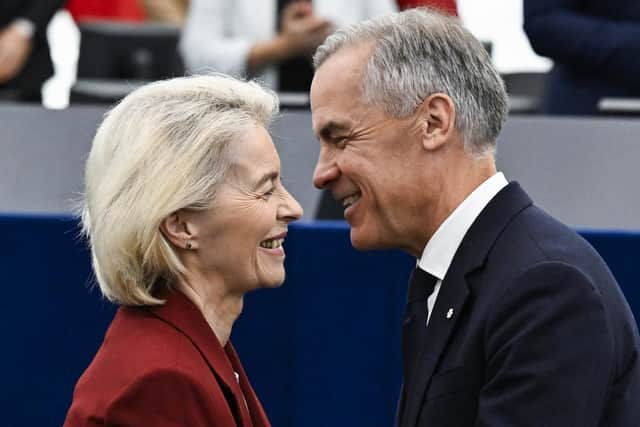 Canada's Prime Minister, Mark Carney, greets European Commission President Ursula von der Leyen after delivering a speech  at the European Parliament in Strasbourg yesterday (Picture: Jean-Christophe Verhaegen/ AFP via Getty Images)