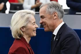Canada's Prime Minister, Mark Carney, greets European Commission President Ursula von der Leyen after delivering a speech  at the European Parliament in Strasbourg yesterday (Picture: Jean-Christophe Verhaegen/ AFP via Getty Images)