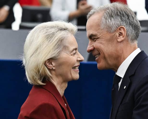 Canada's Prime Minister, Mark Carney, greets European Commission President Ursula von der Leyen after delivering a speech  at the European Parliament in Strasbourg yesterday (Picture: Jean-Christophe Verhaegen/ AFP via Getty Images)