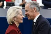 Canada's Prime Minister, Mark Carney, greets European Commission President Ursula von der Leyen after delivering a speech  at the European Parliament in Strasbourg yesterday (Picture: Jean-Christophe Verhaegen/ AFP via Getty Images)