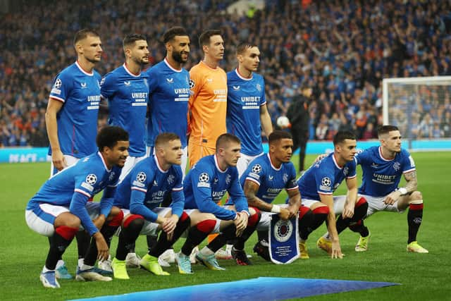 Players of Rangers pose prior to the UEFA Champions League Play-Off First Leg match between Rangers FC and PSV Eindhoven at Ibrox Stadium on August 16, 2022 in Glasgow, Scotland. (Photo by Ian MacNicol/Getty Images)