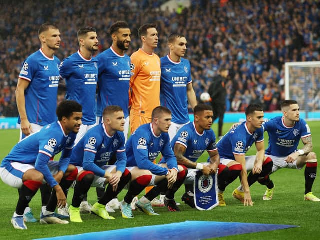 Players of Rangers pose prior to the UEFA Champions League Play-Off First Leg match between Rangers FC and PSV Eindhoven at Ibrox Stadium on August 16, 2022 in Glasgow, Scotland. (Photo by Ian MacNicol/Getty Images)