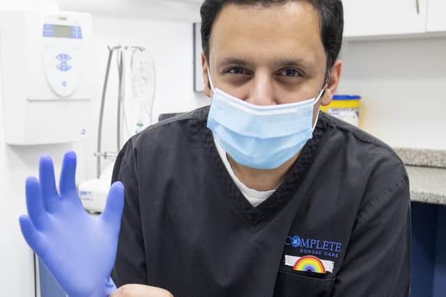 Scottish Labour leader Anas Sarwar, who began his working life for the NHS as a dentist, during a visit to the Complete Dental Care surgery in Glasgow. Picture: Jane Barlow/PA Wire