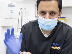 Scottish Labour leader Anas Sarwar, who began his working life for the NHS as a dentist, during a visit to the Complete Dental Care surgery in Glasgow. Picture: Jane Barlow/PA Wire