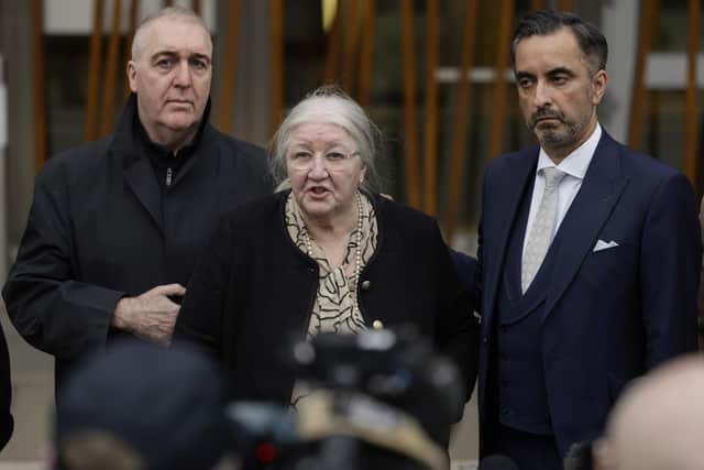 Emma Caldwell's mother, Margaret Caldwell, along with her family and their lawyer, Aamer Anwar, hold a press conference outside the Scottish Parliament. Picture: Jeff J Mitchell/Getty Images