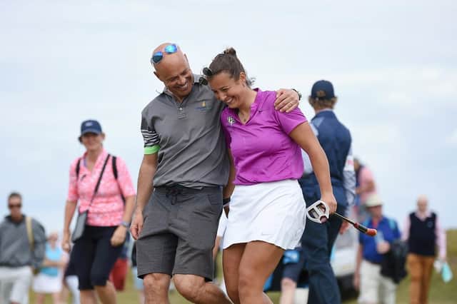 Jessica Baker of Gosforth Park Ladies celebrates on the 17th green after winning her semi-final match against Hannah Darling of Broomieknowe. (Photo by Harriet Lander/R&A/R&A via Getty Images)