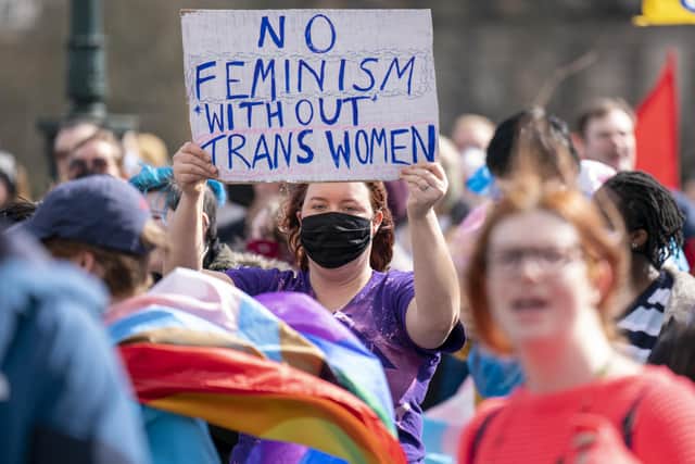 Transgender rights activists protest during a Let Women Speak rally outside the Royal Scottish Academy in Edinburgh following the Hate Crime Act coming into force. Picture: Jane Barlow/PA Wire