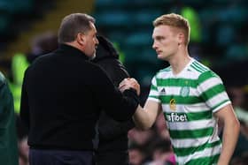 Celtic manager Ange Postecoglou with Liam Scales in October 2021 - the Irish defender has been on loan at Aberdeen this season.  (Photo by Craig Williamson / SNS Group)