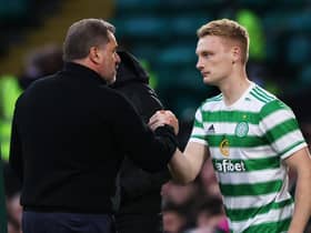 Celtic manager Ange Postecoglou with Liam Scales in October 2021 - the Irish defender has been on loan at Aberdeen this season.  (Photo by Craig Williamson / SNS Group)