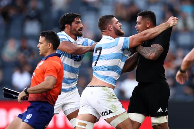 Tempers fray between Marcos Kremer of Argentina and Shannon Frizell of the All Blacks. Picture: Cameron Spencer/Getty Images