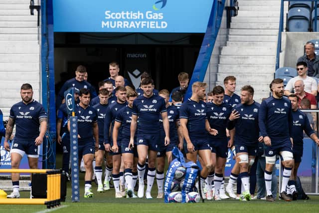 The Scotland players enter the field at Murrayfield to train ahead of the Summer Series match against Italy. (Photo by Craig Williamson / SNS Group)