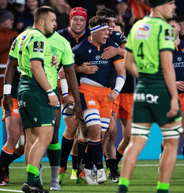 Edinburgh's Connor Boyle celebrates his first try for the club. (Photo by Paul Devlin / SNS Group)