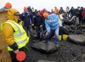 It's all in the swing: 2009 event sponsor John Forteith, from Oban, shows how to skim the perfect stone
Pic: Jane Barlow