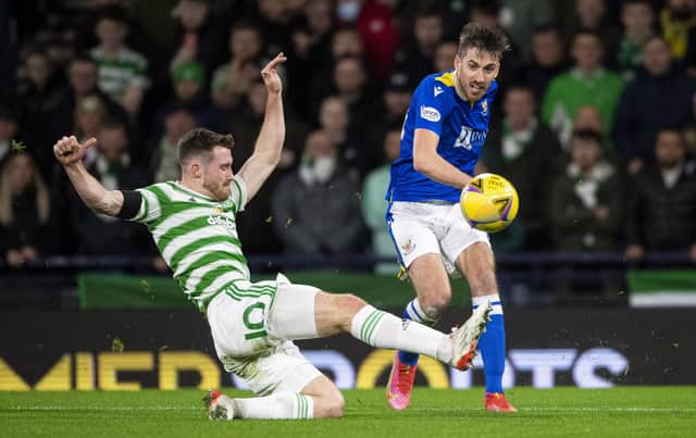St Johnstone's Callum Booth and Celtic's Anthony Ralston during a Premier Sports Cup semi-final match between Celtic and St Johnstone at Hampden Park, on November 20, 2021, in Glasgow, Scotland. (Photo by Ross MacDonald / SNS Group)
