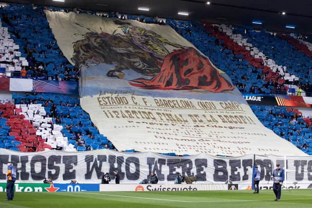 Rangers fans tifo display ahead of the UEFA Europa League semi-final 2nd leg against RB Leipzig at Ibrox. (Photo by Craig Williamson / SNS Group)