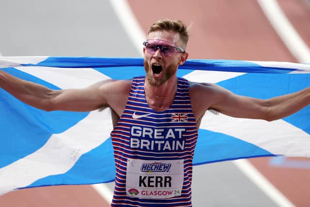Josh Kerr celebrates after winning the Men's 3,000 Metres Final (Photo by Alex Pantling/Getty Images)