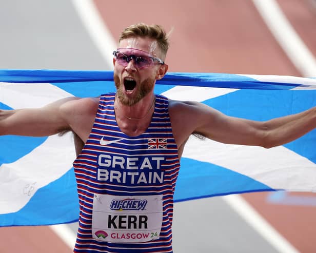 Josh Kerr celebrates after winning the Men's 3,000 Metres Final  (Photo by Alex Pantling/Getty Images)
