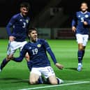 Scotland's Kieron Bowie celebrates after scoring to make it 2-0 over Hungary. (Photo by Ross MacDonald / SNS Group)