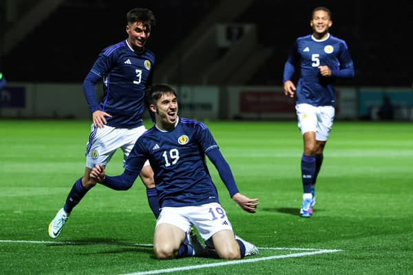 Scotland's Kieron Bowie celebrates after scoring to make it 2-0 over Hungary. (Photo by Ross MacDonald / SNS Group)