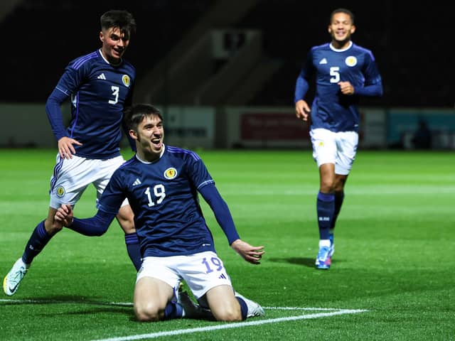 Scotland's Kieron Bowie celebrates after scoring to make it 2-0 over Hungary. (Photo by Ross MacDonald / SNS Group)