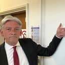 Richard Leonard at the plaque commemorating John Swinney officially opening Haven Products in 2015