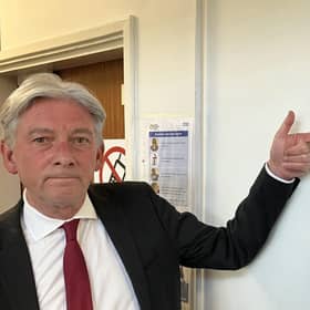 Richard Leonard at the plaque commemorating John Swinney officially opening Haven Products in 2015