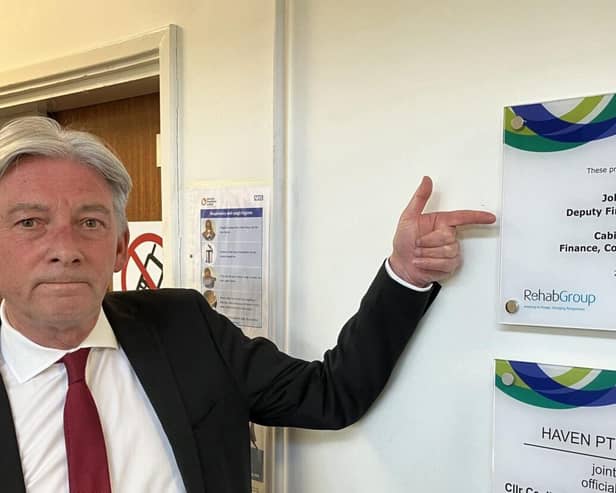 Richard Leonard at the plaque commemorating John Swinney officially opening Haven Products in 2015