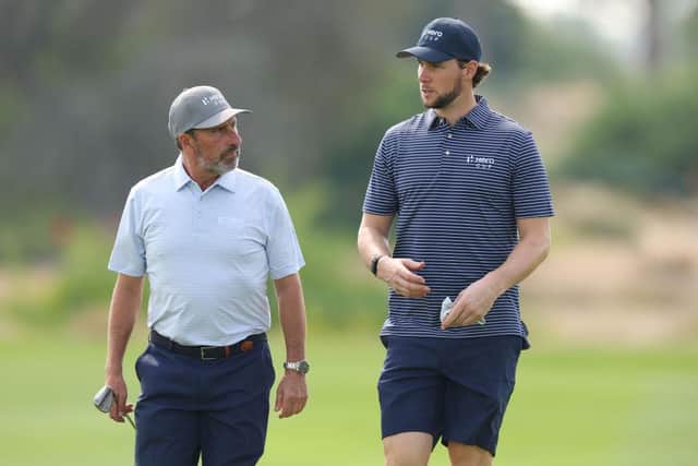 Jose Maria Olazabal, the winning 2012 Ryder Cup captain, walks with Thomas Pieters during a practice round at Abu Dhabi Golf Club. Picture: Andrew Redington/Getty Images.