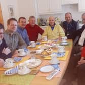 Renton Laidlaw, fourth right, with media colleagues at his home at Drumoig during an Alfred Dunhill Links Championship.