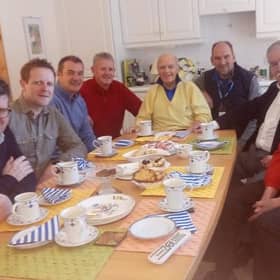 Renton Laidlaw, fourth right, with media colleagues at his home at Drumoig during an Alfred Dunhill Links Championship.
