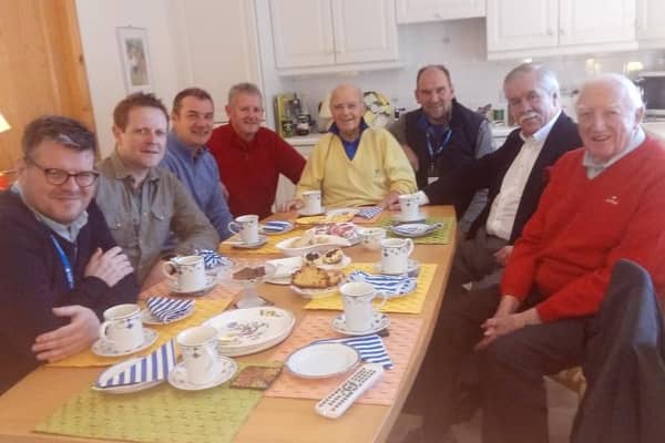 Renton Laidlaw, fourth right, with media colleagues at his home at Drumoig during an Alfred Dunhill Links Championship.