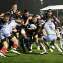 Glasgow Warriors drive towards the Dragons try line during the URC victory at Scotstoun.