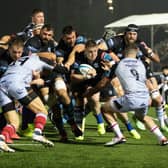 Glasgow Warriors drive towards the Dragons try line during the URC victory at Scotstoun.