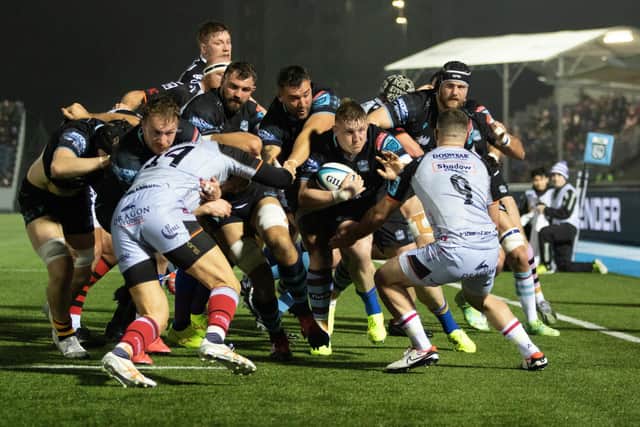 Glasgow Warriors drive towards the Dragons try line during the URC victory at Scotstoun.