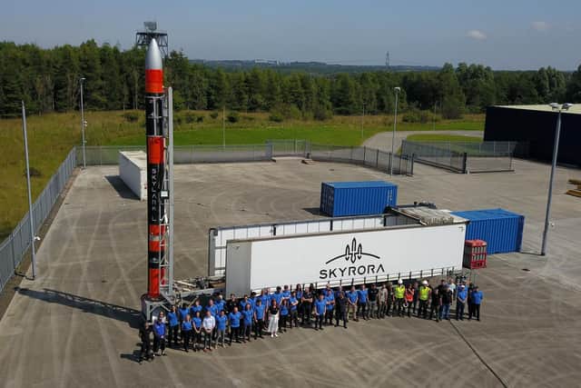 The Skyrora team pictured with the company's rocket, which will launch from a spaceport based on the Shetland island of Unst.
