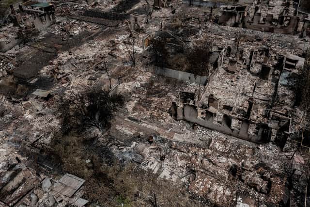 An aerial view shows houses destroyed by Russia attacks in the town of Pryvillya in Ukraine's Donbas region on June 14 (Picture: Aris Messinis/AFP via Getty Images)
