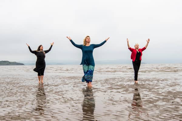 Performers Nerea Bello and  Mairi Morrison joined theatremaker Julia Taudevin on Silverknowes Beach to help launch this year's Made in Scotland showcase at the Fringe. Picture: Lisa Ferguson