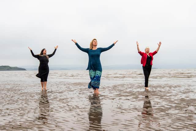 Performers Nerea Bello and Mairi Morrison joined theatremaker Julia Taudevin on Silverknowes Beach to help launch this year's Made in Scotland showcase at the Fringe. Picture: Lisa Ferguson