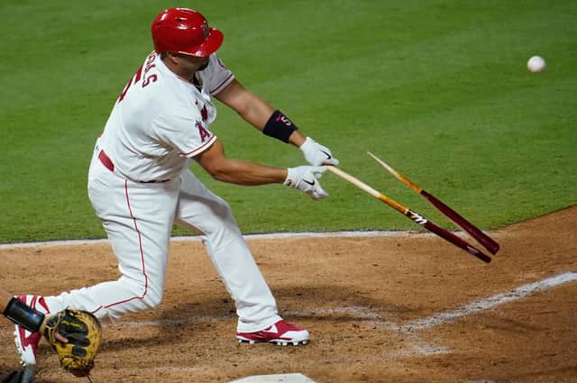 Albert Pujols of the Los Angeles Angels is a formidable slugger and broke his bat on this occasion. Picture: John McCoy/Getty Images
