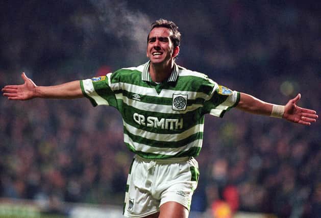 Paolo Di Canio celebrates a goal for Celtic against Hibs in the Scottish Cup in February 1997.
