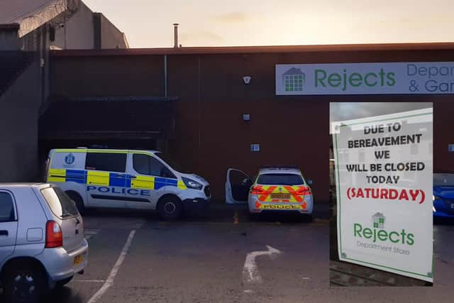 Police at the entrance to Rejects in Kirkcaldy