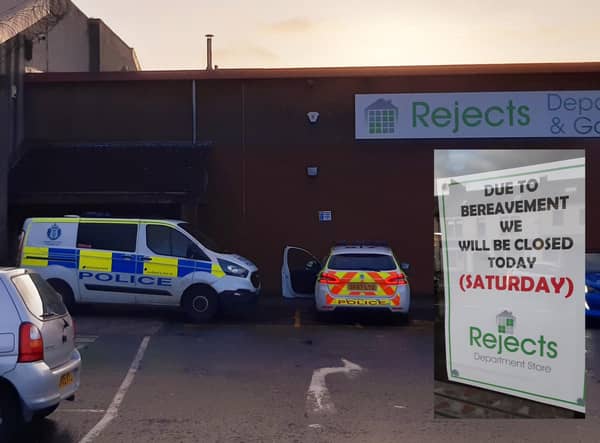 Police at the entrance to Rejects in Kirkcaldy