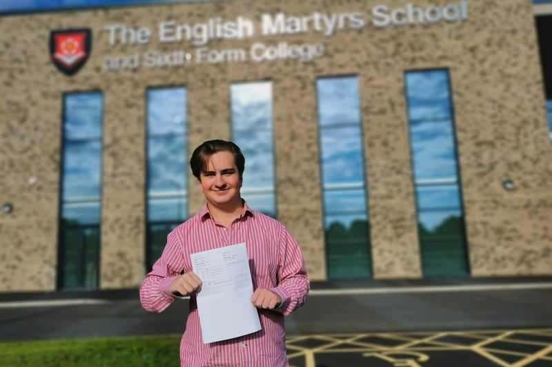 English Martyrs students Luke Stokle with his A-level results.