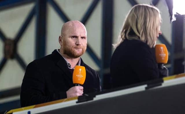 Former Celtic forward John Hartson on BT punditry duties during a UEFA Europa League Group D match between Rangers and Benfica at Ibrox Stadium, on November 26, 2020, in Glasgow, Scotland. (Photo by Alan Harvey / SNS Group)