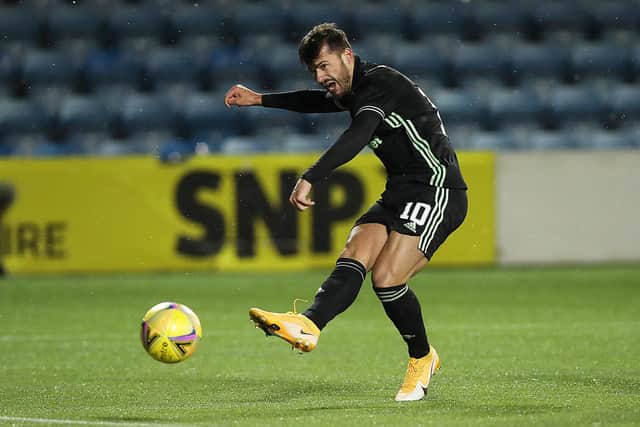 Albian Ajeti of Celtic scores his team's fourth goal during the Ladbrokes Scottish Premiership match between Kilmarnock and Celtic at Rugby Park on February 02, 2021 in Kilmarnock, Scotland. (Photo by Ian MacNicol/Getty Images)