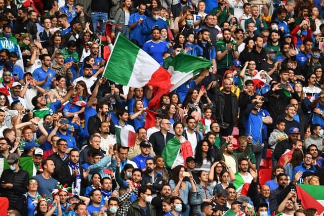 Fans of Italy during the UEFA Euro 2020 Championship Semi-final match between Italy and Spain at Wembley Stadium on July 06, 2021 in London, England. (Photo by Claudio Villa/Getty Images)