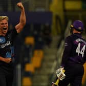 Namibia's Ruben Trumpelmann celebrates after the dismissal of Scotland's Richie Berrington. (Photo by INDRANIL MUKHERJEE/AFP via Getty Images)