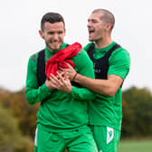 Paul McGinn and Alex Gogic have been key to Hibs' defensive resolve. Photo by Ross MacDonald / SNS Group