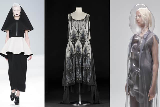 ‘Florence’ hood and ‘Spray’ dress by Cimone, AutumnWinter 2017. © Cimone Ltd, Photo © Rhiannon Adam; Woman's evening dress. French, c. 1929. Image © National Museums Scotland; Ying Gao, Flowing Water, Standing Time, 2019. Photo © Malina Corpadean.